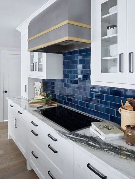 Blue tile kitchen backsplash in Raleigh home